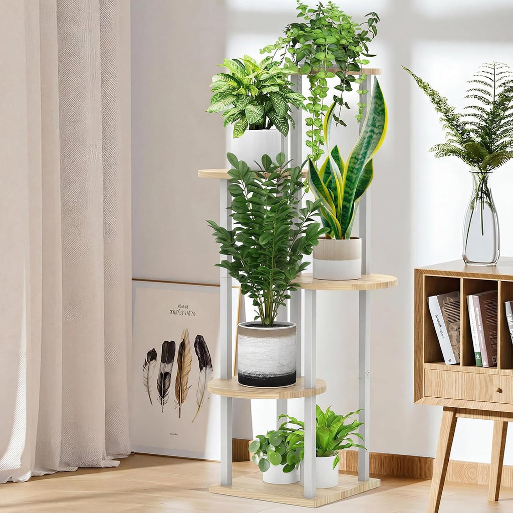 5 Tier Wood Tall Plant Stand Metal Rack Indoor, Multiple Flower Pot Holder Shelves Corner Rack, Round Planter Shelf