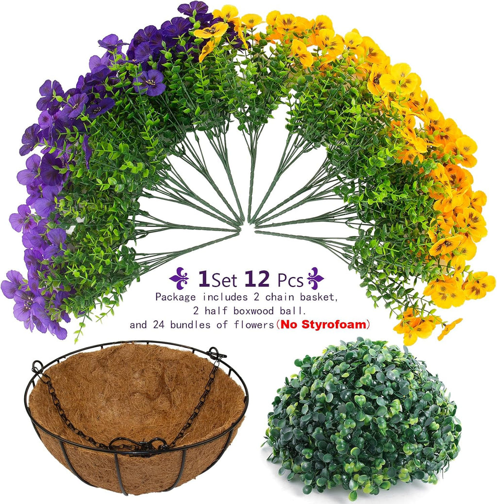 lovemoon 2 Sets Artificial Hanging Flowers with Baskets, 24 Pcs UV Resistant Faux Silk Pansies Outdoor Flower Pots for