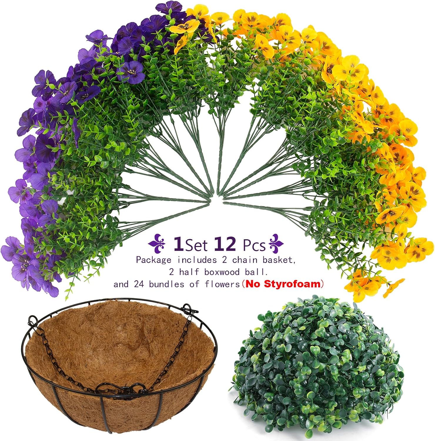 lovemoon 2 Sets Artificial Hanging Flowers with Baskets, 24 Pcs UV Resistant Faux Silk Pansies Outdoor Flower Pots for