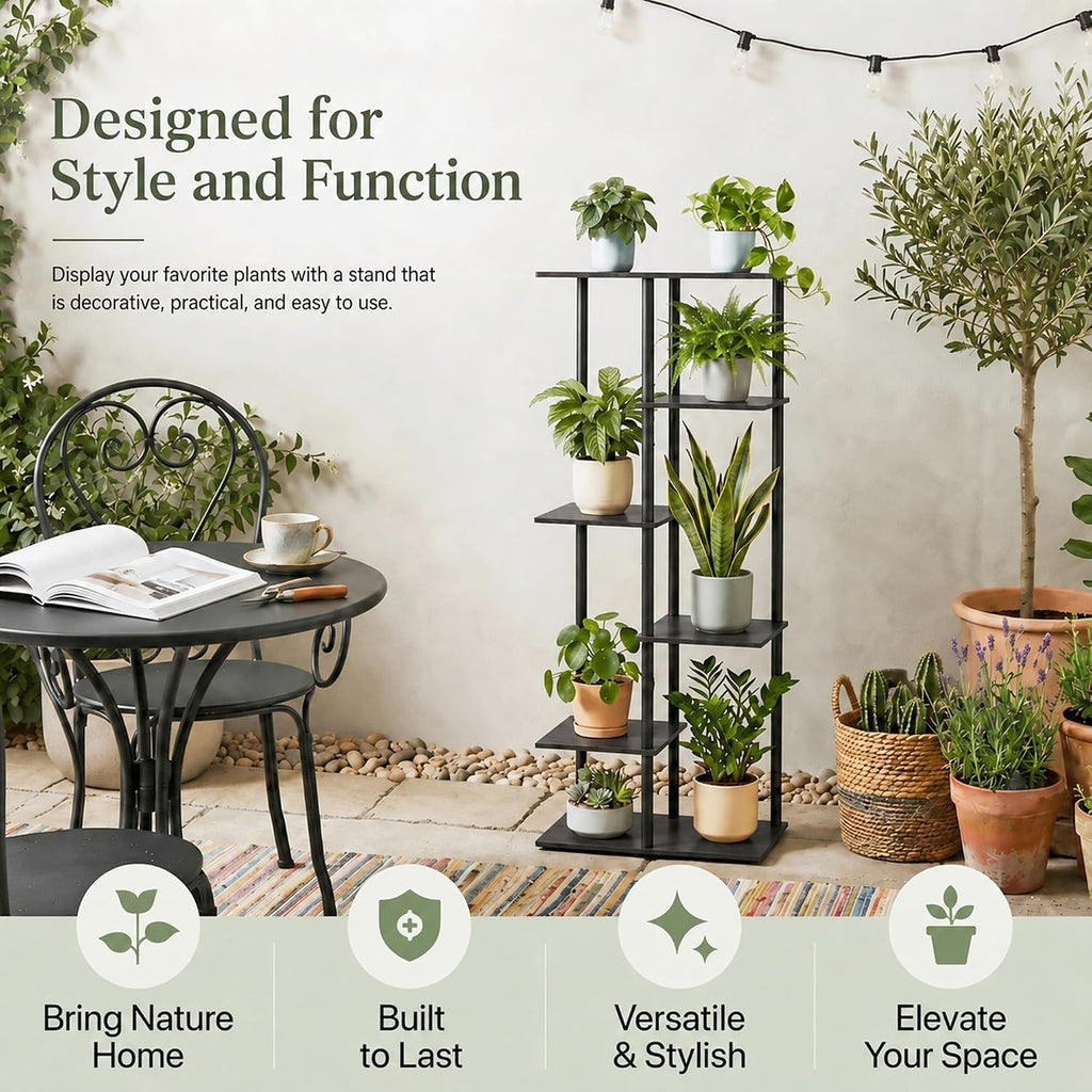 Corner Tall Plant Stand Indoor 6 Tier 8 Potted, Black | Functions as Flower Pots, Shelf, Decor Rack, Holder, Metal