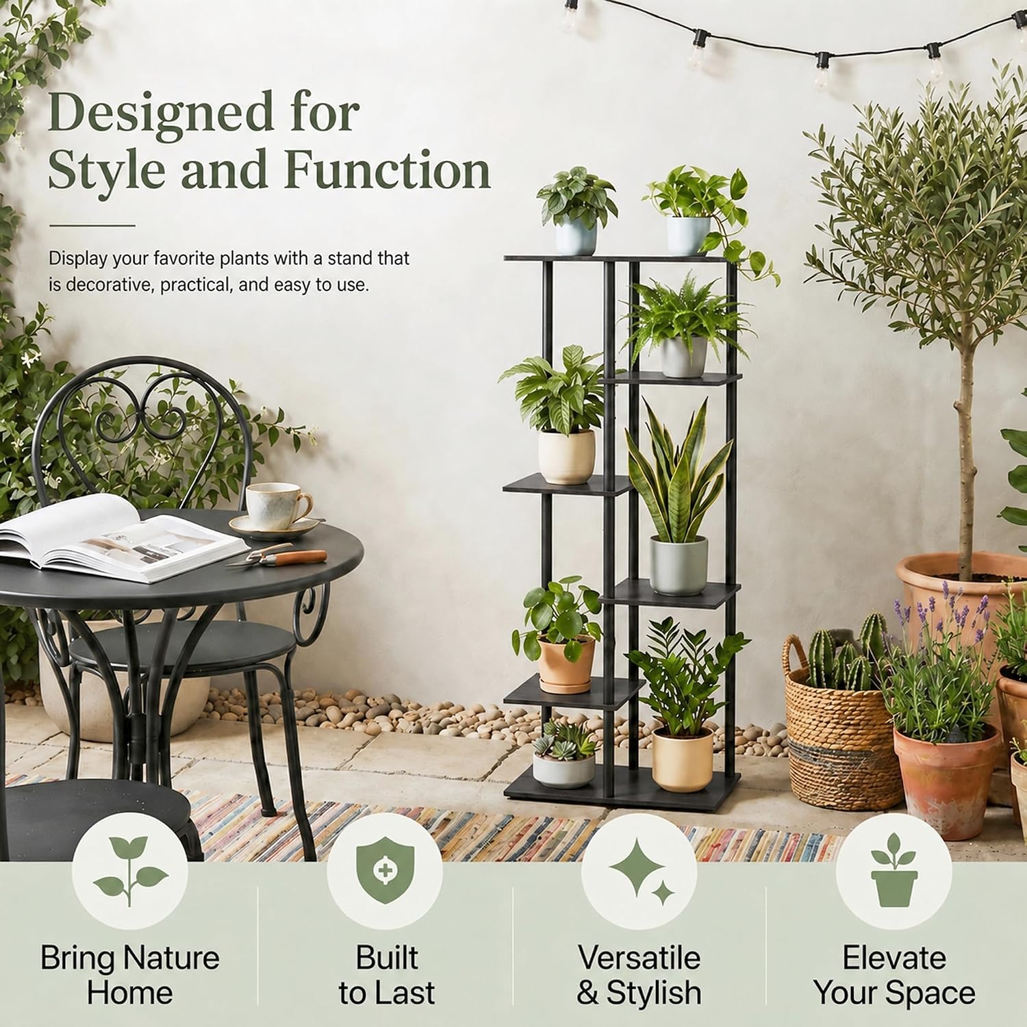 Corner Tall Plant Stand Indoor 6 Tier 8 Potted, Black | Functions as Flower Pots, Shelf, Decor Rack, Holder, Metal