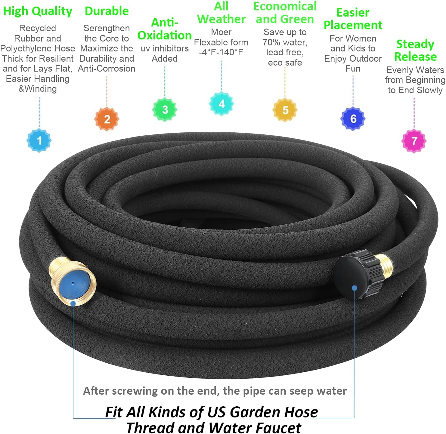 Soaker Hose, 1/2" x 50 FT Round Rubber Garden Soaker Hose, Heavy Duty Water Seeper Soaker Hoses for Foundation