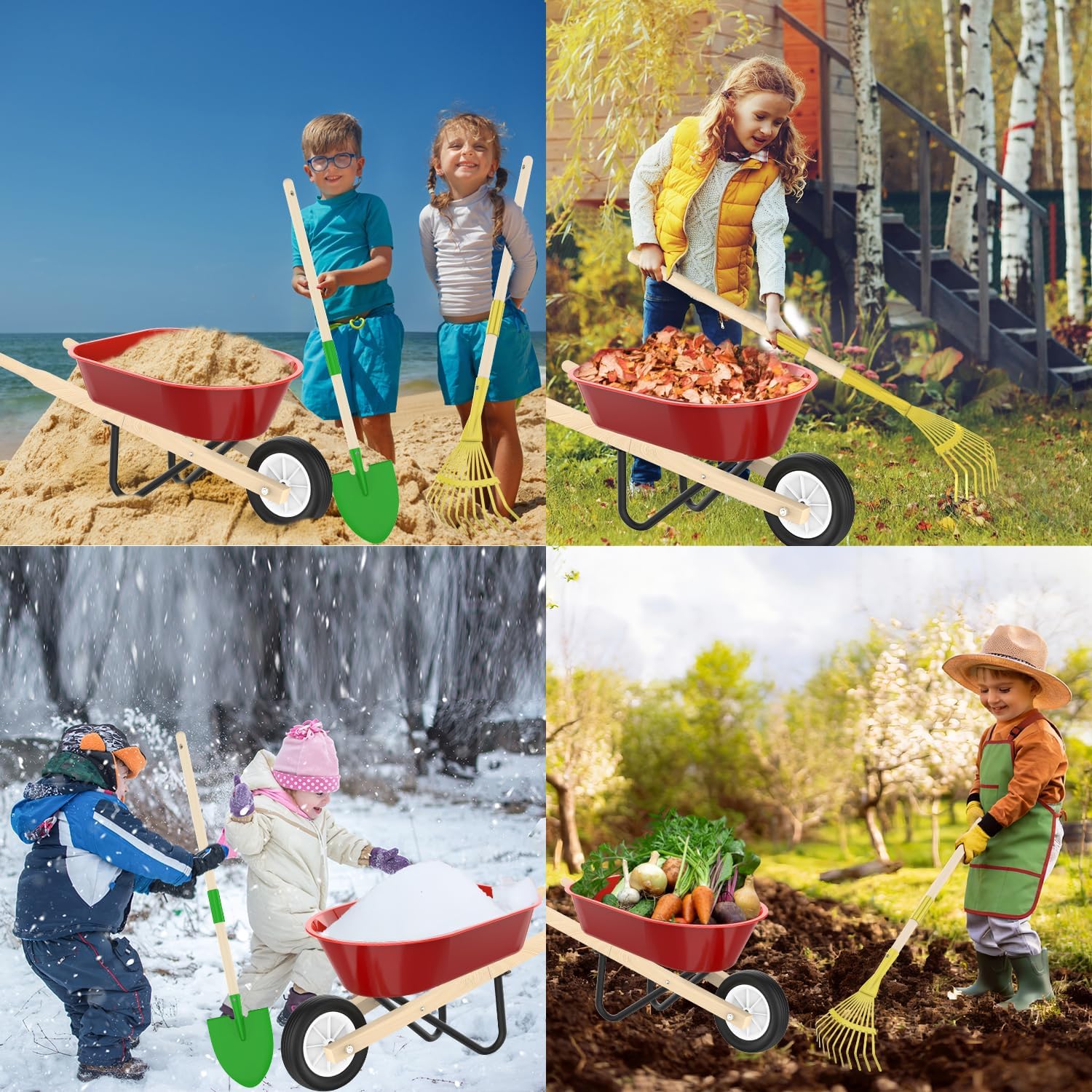 Qtioucp Kids Gardening Wheelbarrow Set, Metal & Wooden Garden Tools for Kids Ages 3-8, Real Wheelbarrows with Apron