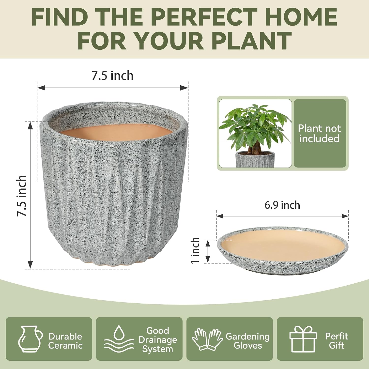 7.5 Inch Ceramic Planter Pot with Saucer Drainage Leak-Proof Mesh,Flower Pots for Indoor Plants with Gardening
