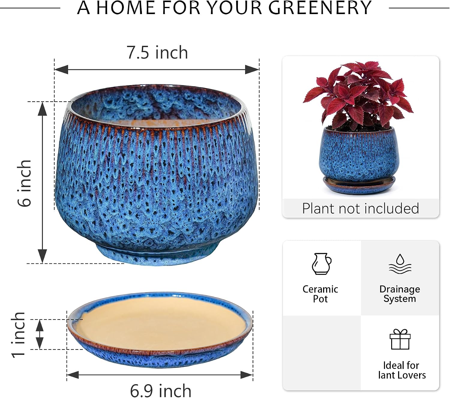 7.5 Inch Ceramic Planter with Saucer,Modern Garden Pots with Drainage Hole Mesh Net, for Indoor Outdoor Use (Speckle