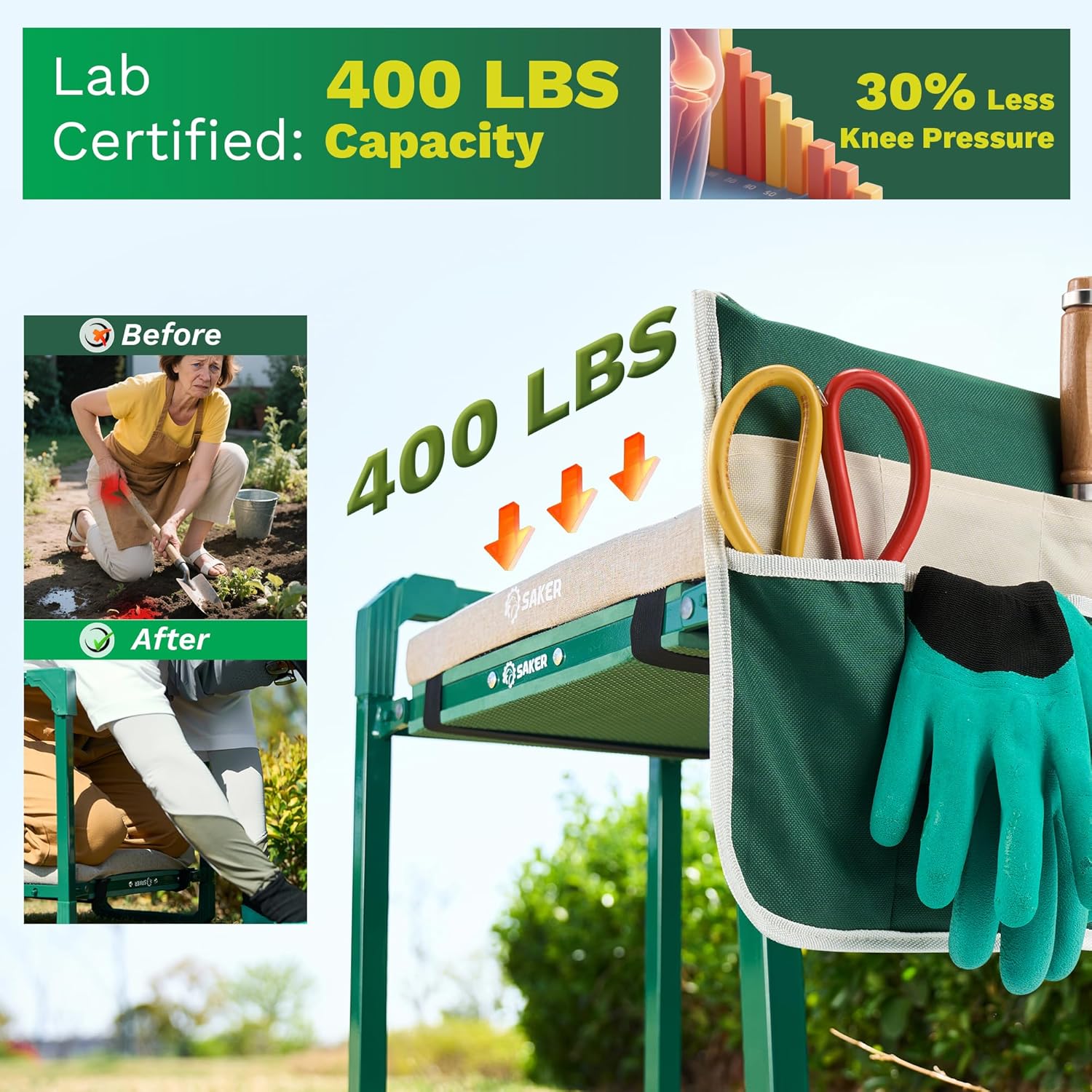 Saker Garden Kneeler and Seat Foldable Gardening Stool with Extendable Legs | Thickened Pad Tool/Storage Bag , Heavy