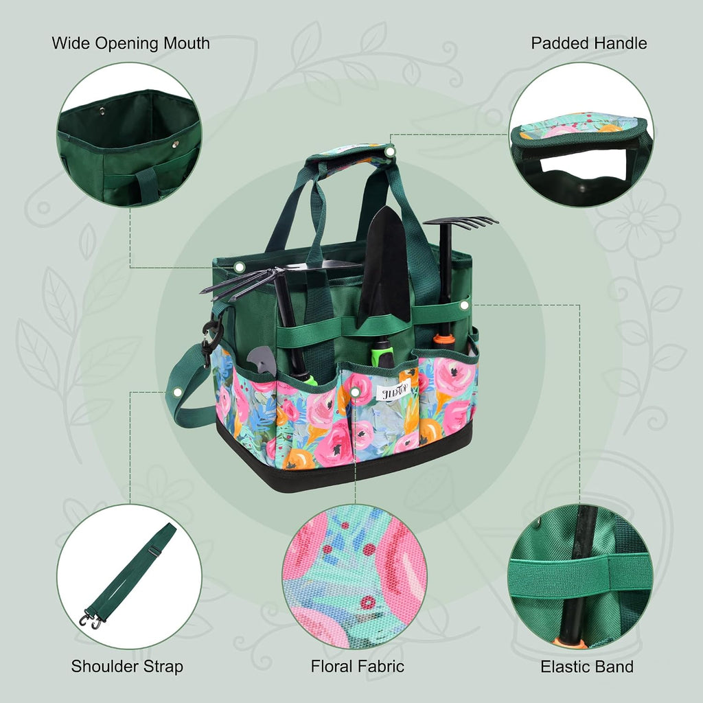 Hard Bottom Floral Garden Tool Tote Bag with Shoulder Strap | Gardening Tote Organizer with 8 pockets, Padded Handles