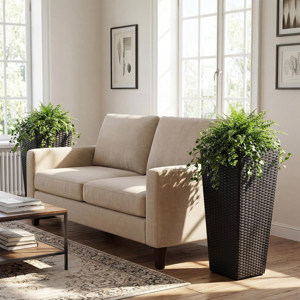 HAPPYGRILL 24" Tall Rattan Plant Pots Set of 2 with Adjustable Foot Pads | Outdoor Taper Planter w/Detachable Inner