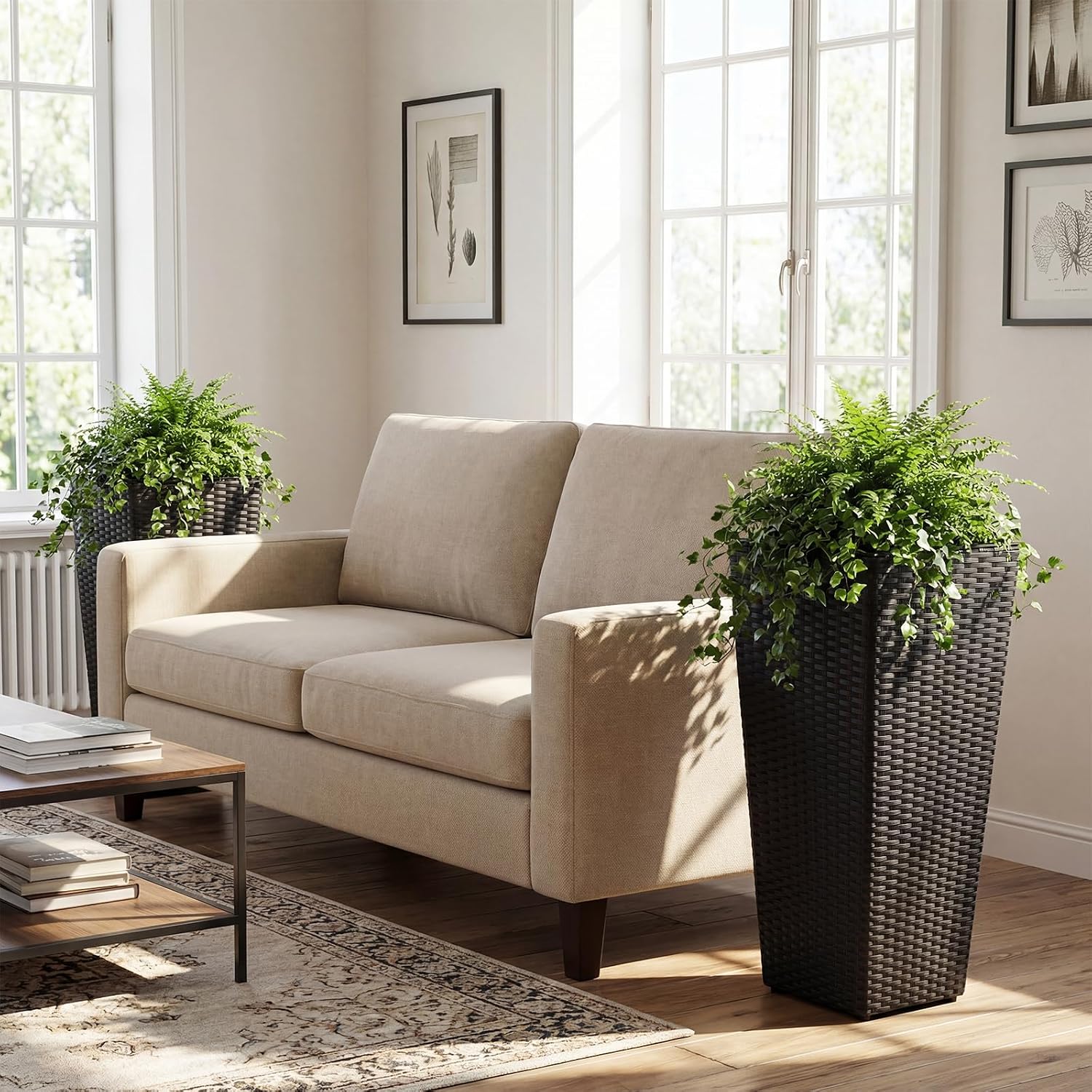 HAPPYGRILL 24" Tall Rattan Plant Pots Set of 2 with Adjustable Foot Pads | Outdoor Taper Planter w/Detachable Inner