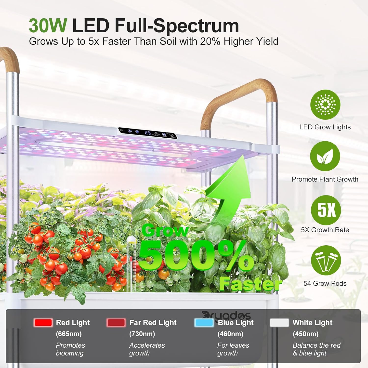 Indoor Hydroponic Growing System with 54 Pods Herbs Garden Kit with 30W Led Grow Light Large Movable 2-Layer