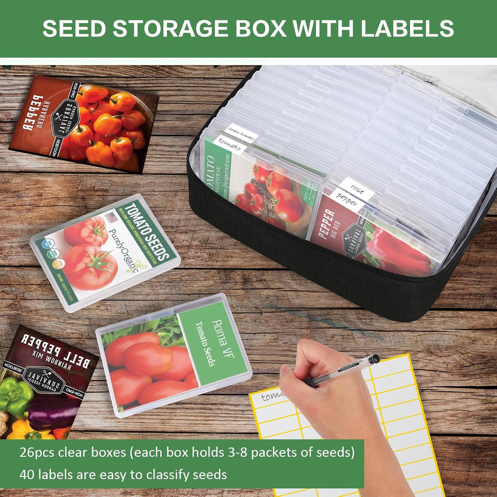 26 Slots Seed Storage Organizer Box with Insulated Bag That Holds 80-200 Seed Envelopes, Oxford Cloth Garden Seed