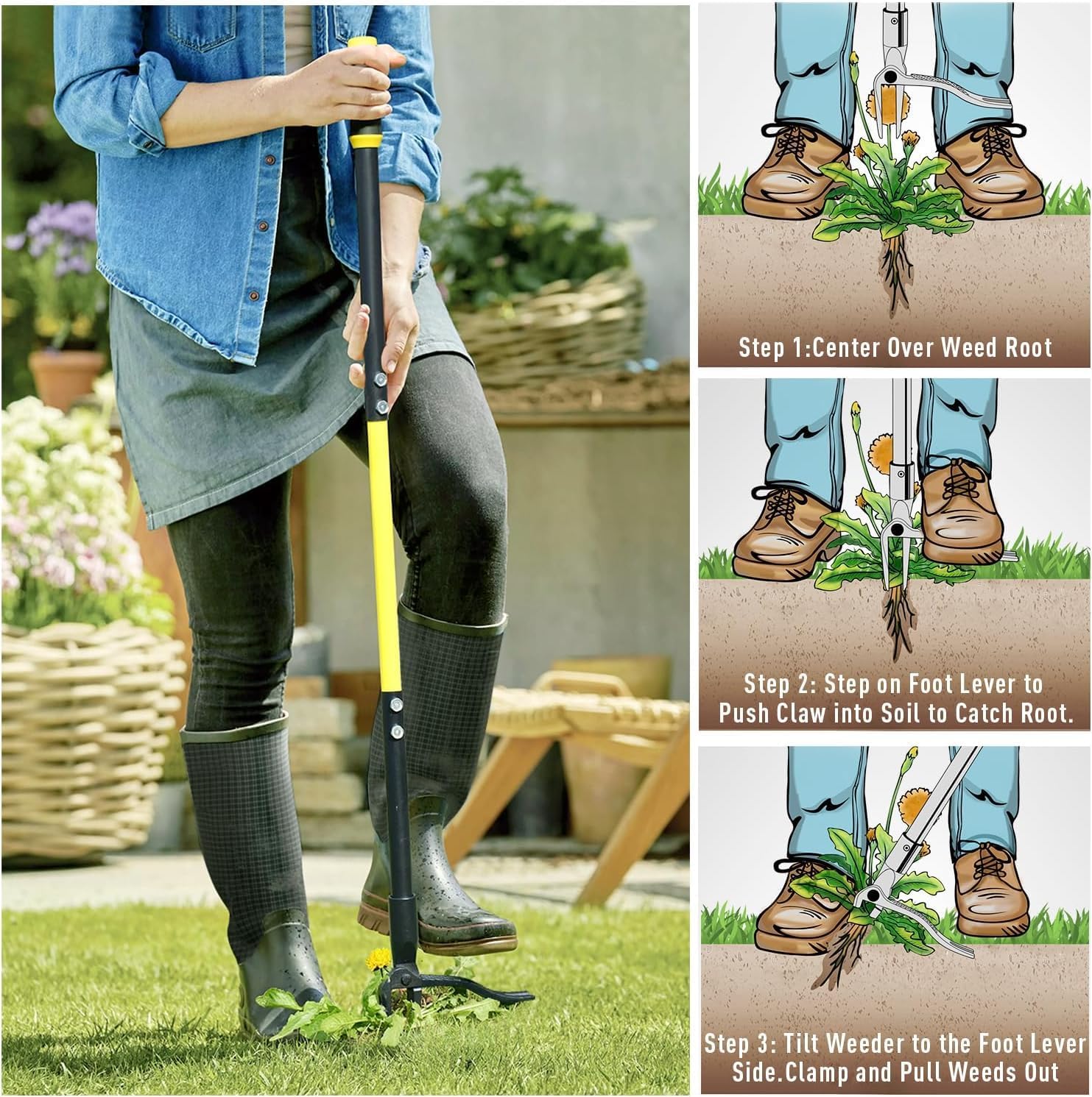 Weed Puller Tool Stand Up Heavy Duty, 45" Weed Remover Tool with Long Handle and 4-Claw Steel Head, Manual Weeding Tool