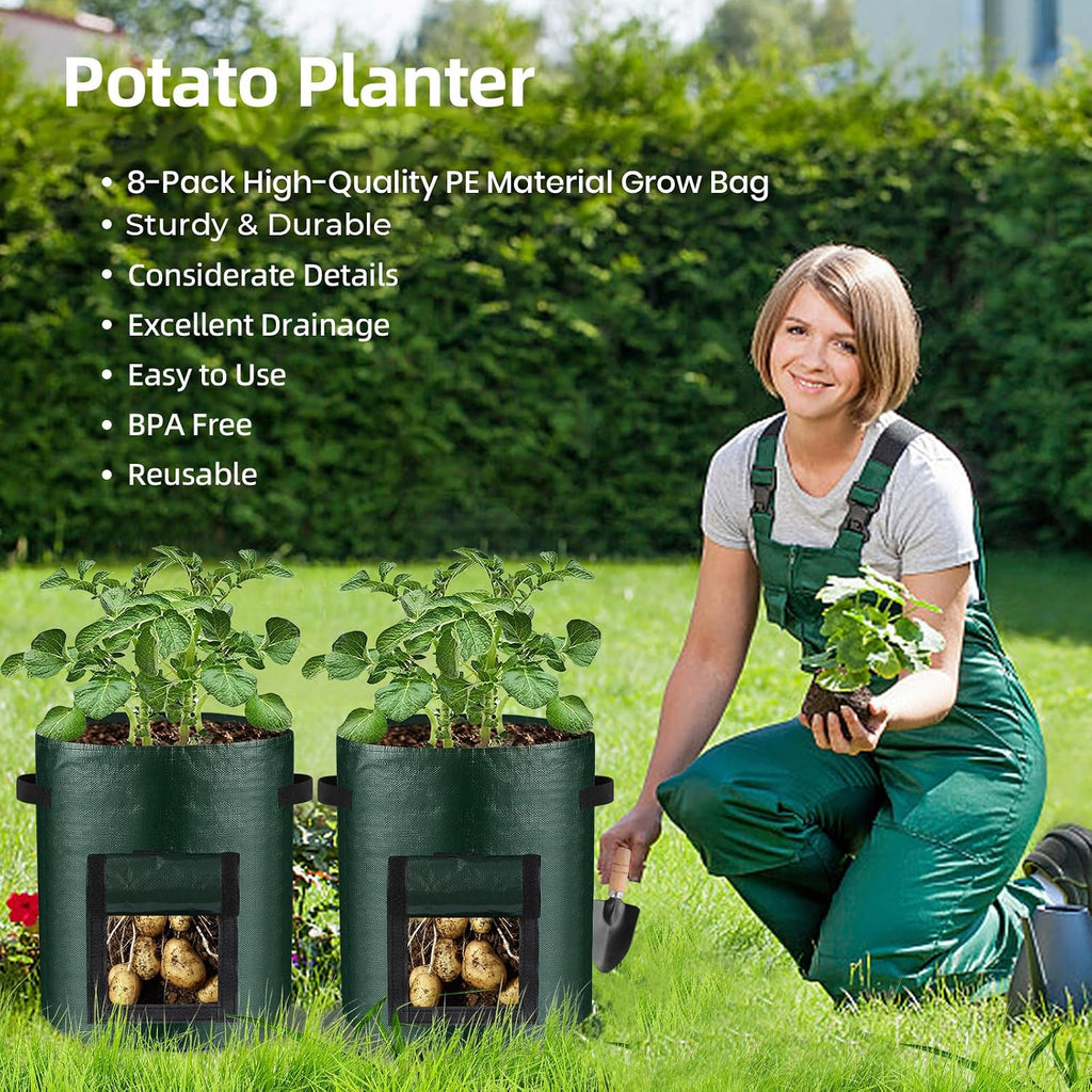 10 Gallon 8-Pack Grow Bags, Durable PE Fabric Pots with Flap and Handles, Green Planter Bags for Potato Vegetables