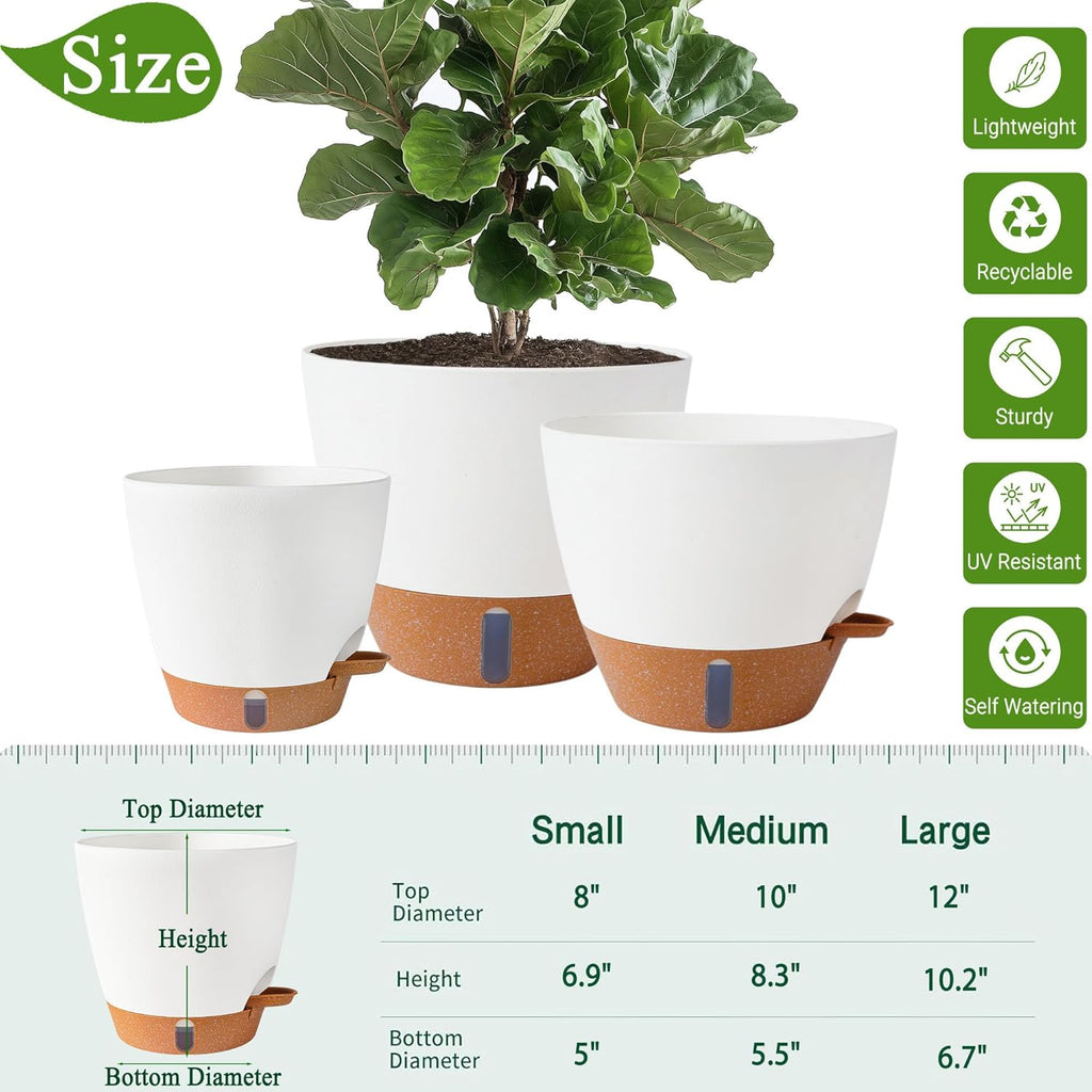 8/10/12 Inch Self Watering Pots for Indoor/Outdoor Plants | Large Plastic Planter with Drainage Holes, Water Level