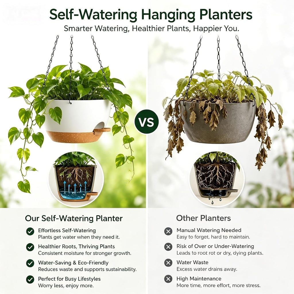 12 Inch Self Watering Hanging Planters 2 Pack, White Brown | Plastic planters with drainage holes and saucers. Suitable
