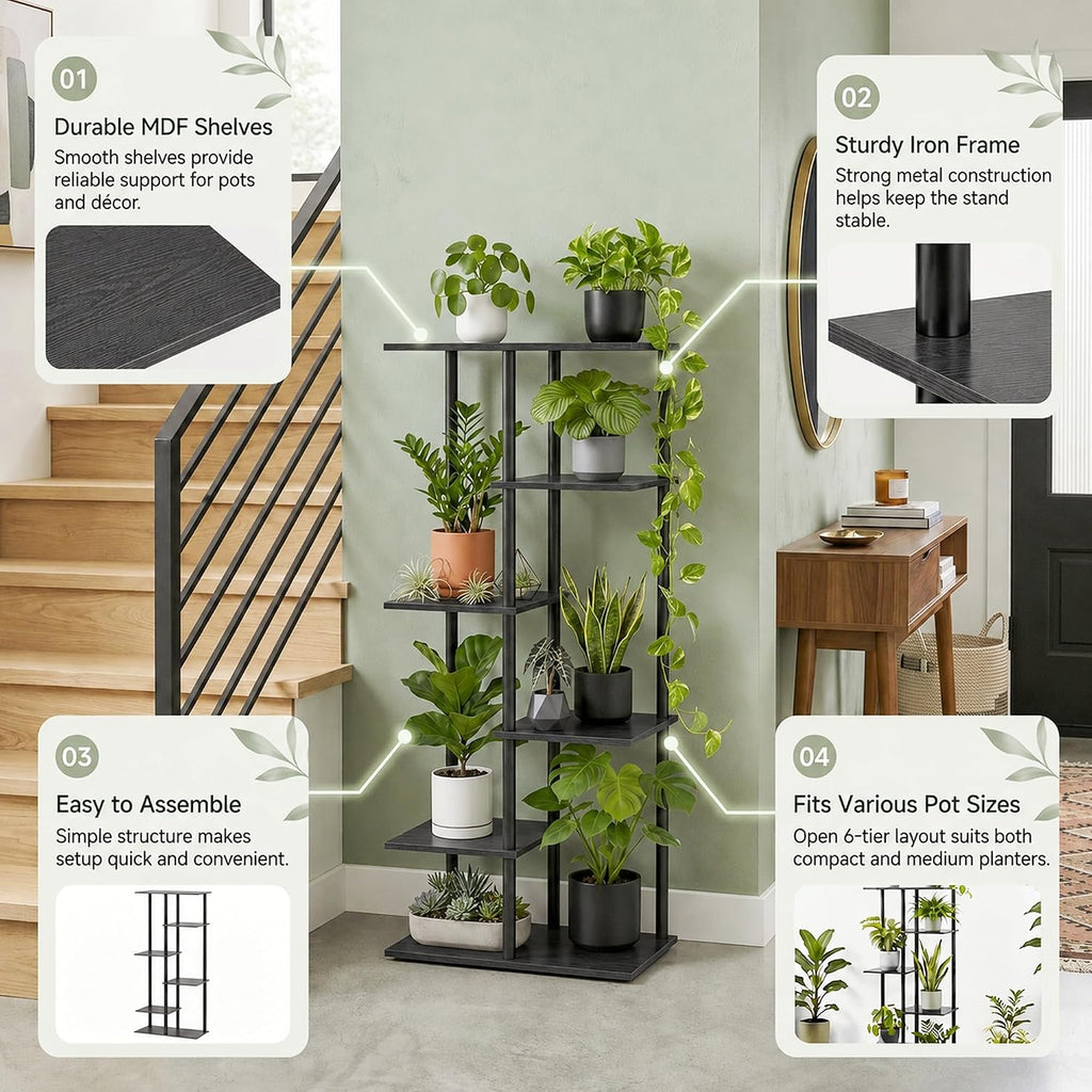 Corner Tall Plant Stand Indoor 6 Tier 8 Potted, Black | Functions as Flower Pots, Shelf, Decor Rack, Holder, Metal