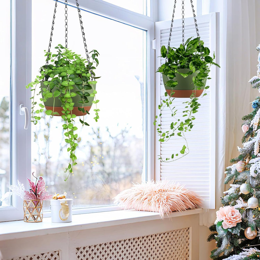 Set of 2-8 Inch Hanging Planters for Indoor Outdoor Plants | Self-Watering Hanging Flower Pots with Drainage Hole &
