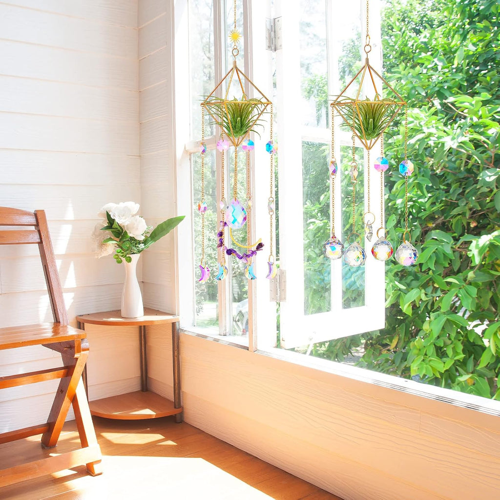 Yookeer 3 Pcs Hanging Air Plant Holder Rustic Style Air Plant Rack Hanger with Crystal Pendant and Chain Golden