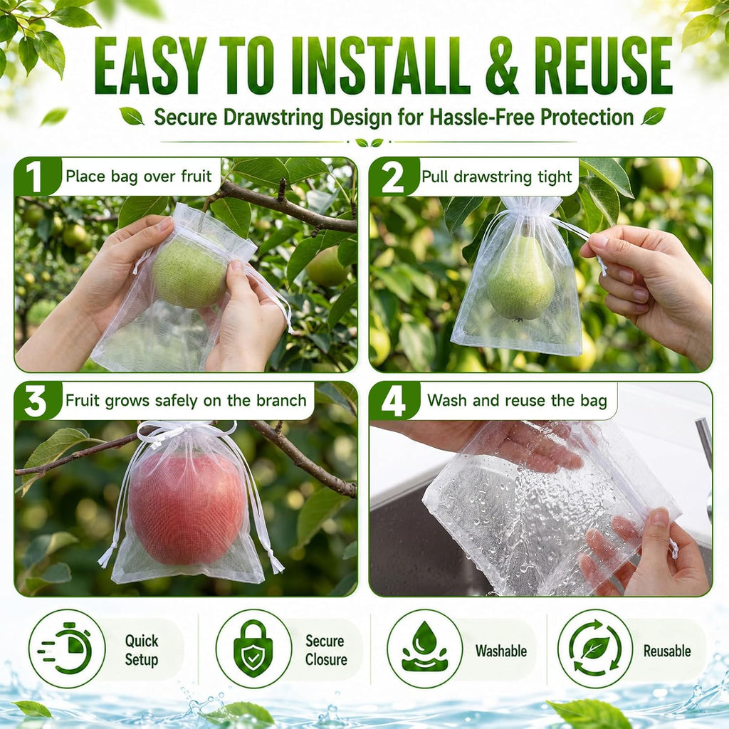 200 Pcs Fruit Netting Bags 4 Multi Size Assortment White | Protection Bags for Fruit, Drawstring Cover Mesh Bag, Pest