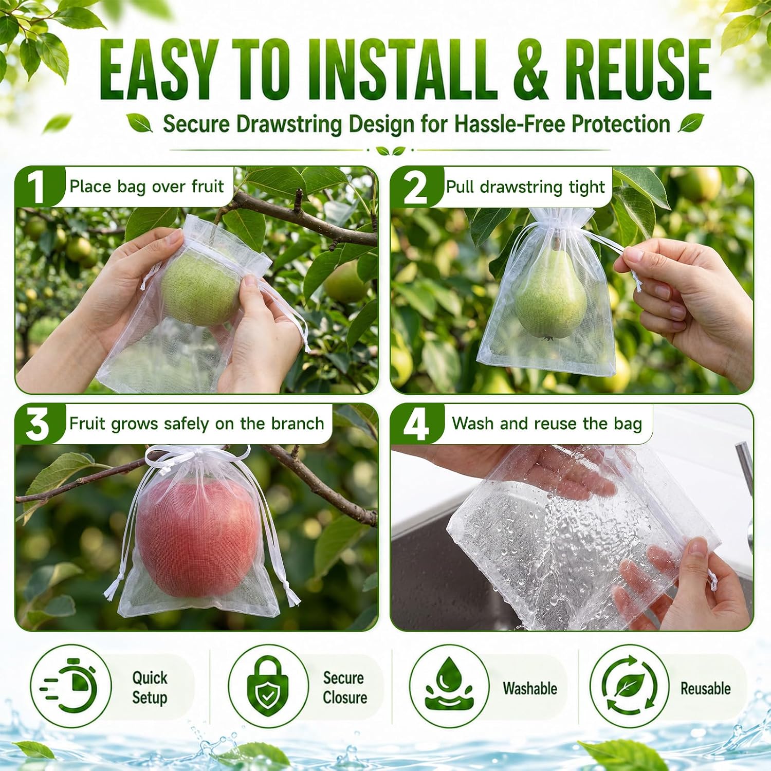 200 Pcs Fruit Netting Bags 4 Multi Size Assortment White | Protection Bags for Fruit, Drawstring Cover Mesh Bag, Pest