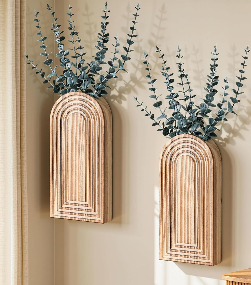 DREAMLOOM 2 Pack Wooden Wall Vases with Eucalyptus Artificial Plants, Wall Hanging Planters Boho Modern Farmhouse