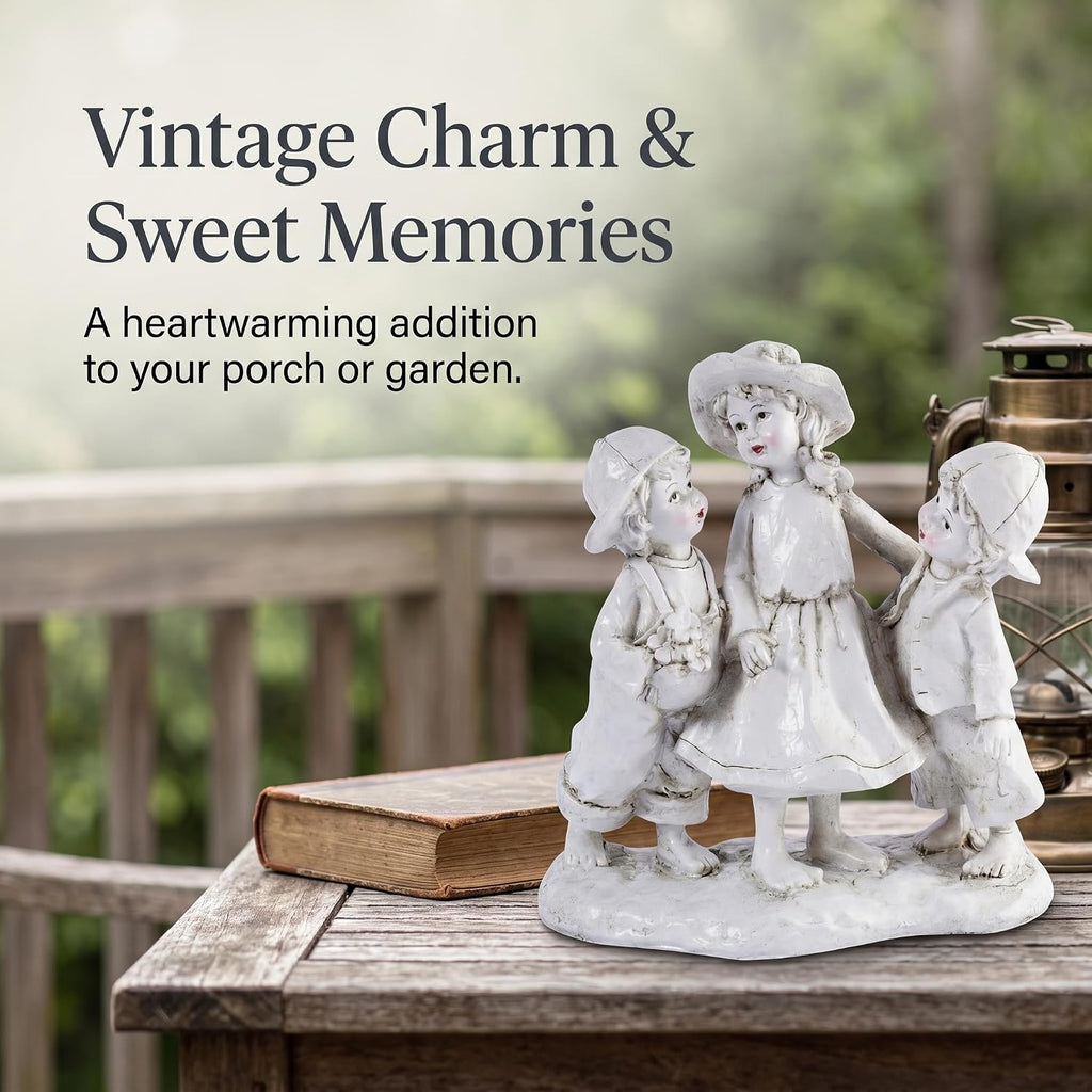 Garden Statues Three Children Figurine Vintage Family Sculpture White Distressed Resin Outdoor and Indoor Garden