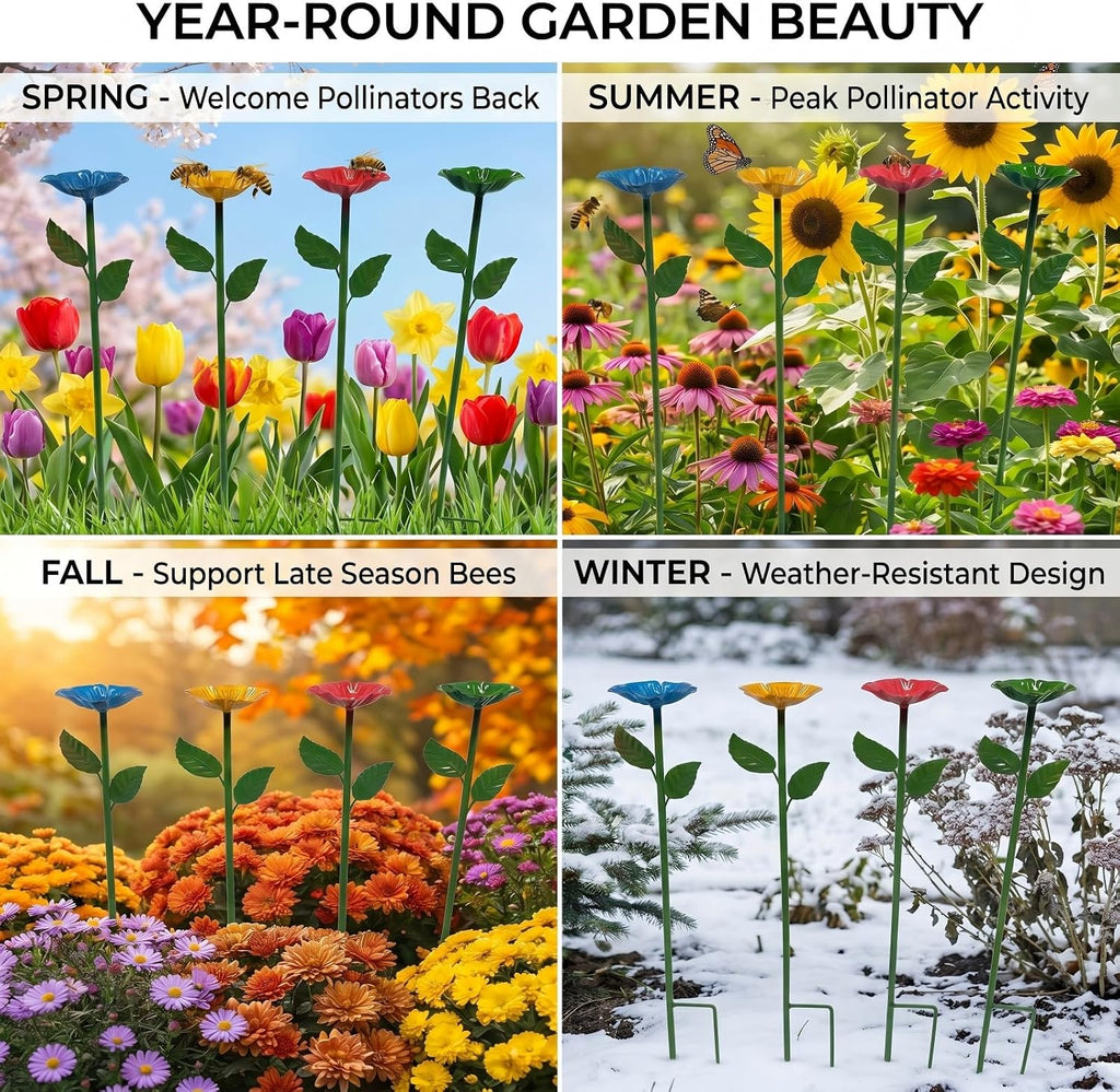 Bee Watering Station for Garden,Metal Bee Bath with Flower Design,Colorful Pollinator Watering Station,4-Pack