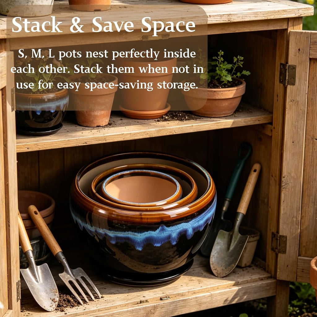 AVLA 3 Pack Ceramic Flower Pots, Gardening Drip Glazed Planter, Plant Pot with Drainage Hole and Saucer, 7/5/4 Inch