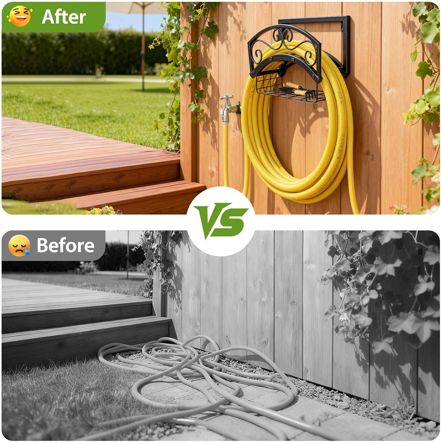Garden Hose Holder Wall Mount, Metal Water Hose Holder with Basket | 150FT, Heavy Duty, Durable, Weather-Proof Hose