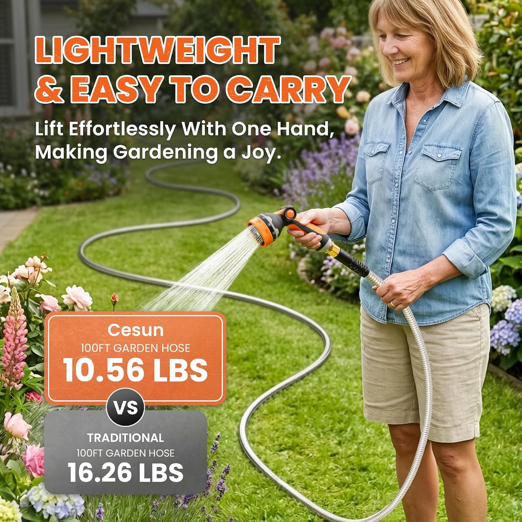 Cesun 100 ft Metal Garden Hose with 10 Function Nozzle, 100 foot x 5/8" | Heavy Duty Stainless Steel Water Hose
