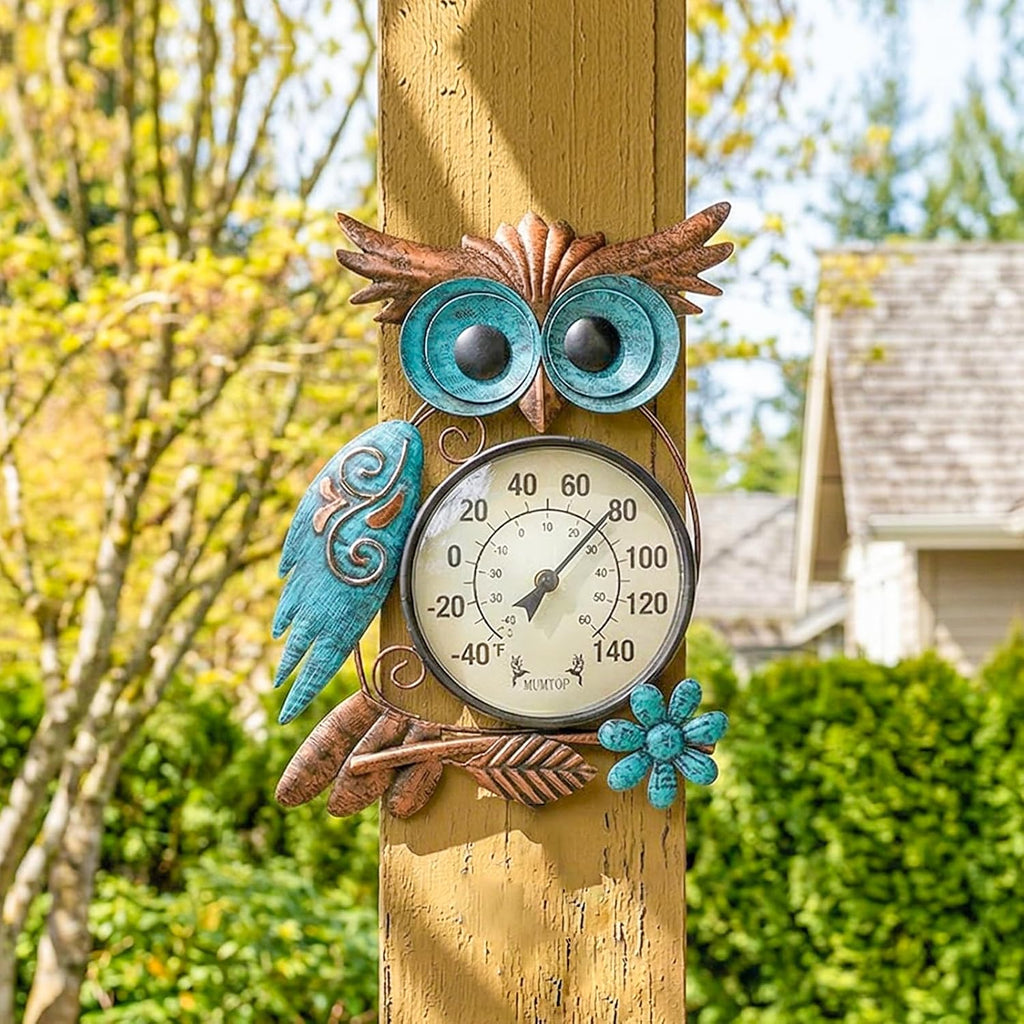 Outdoor Thermometer, Owl Outside Decor for Patio, Yard and Garden | No Battery Needed Garden Stake Wall Art Gifts Idea