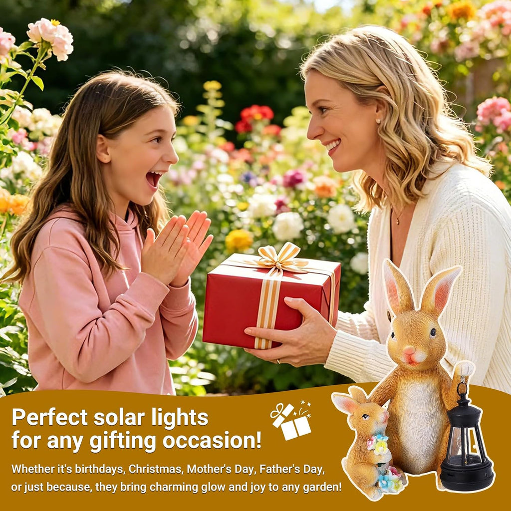 Solar Bunny Garden Statue with LED Lantern, Waterproof Resin Figurine | for Tabletop, Patio, Lawn & Easter Garden, Cute