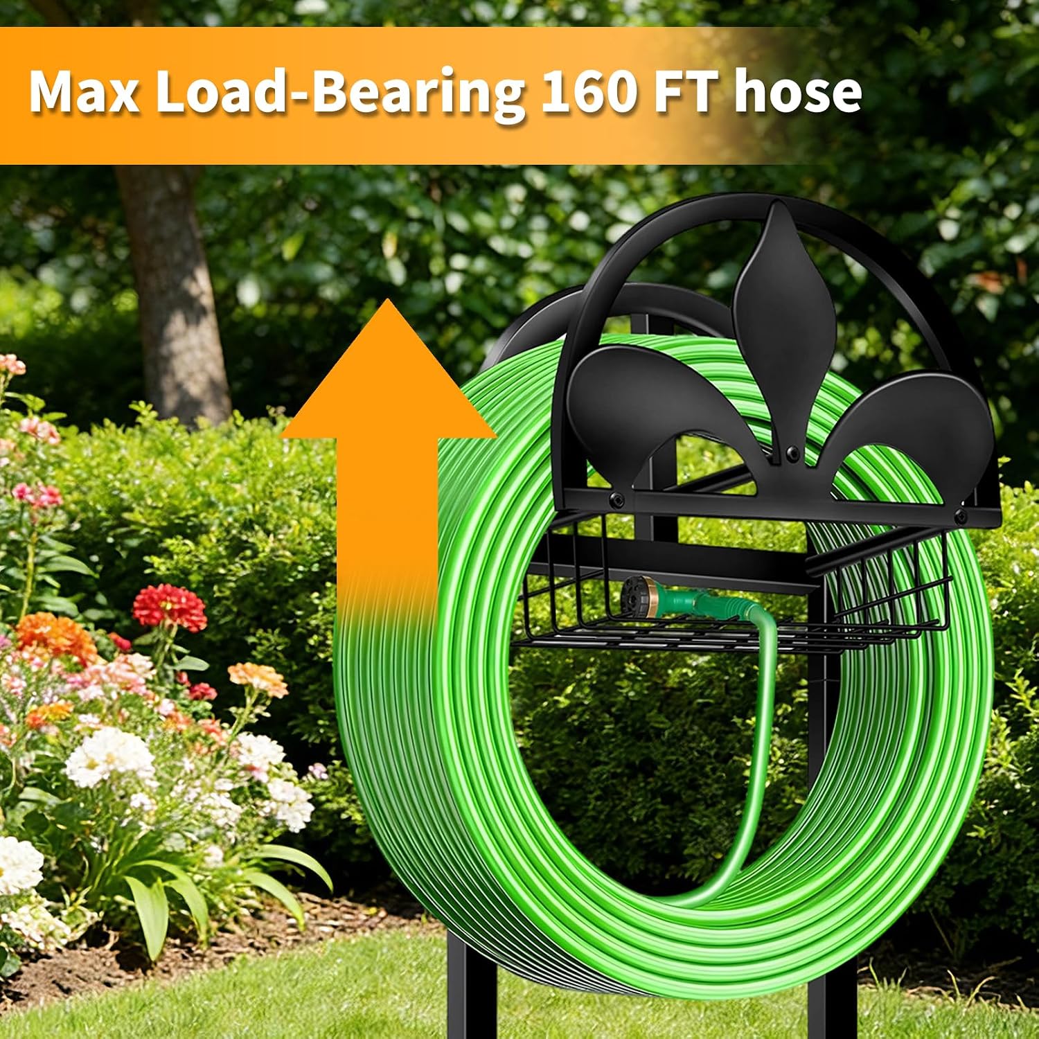 Garden Hose Holder, Water Hose Holders Stand Holds 160-Feet Freestanding Hose Reel Storage Hanger Rack for Outside Yard