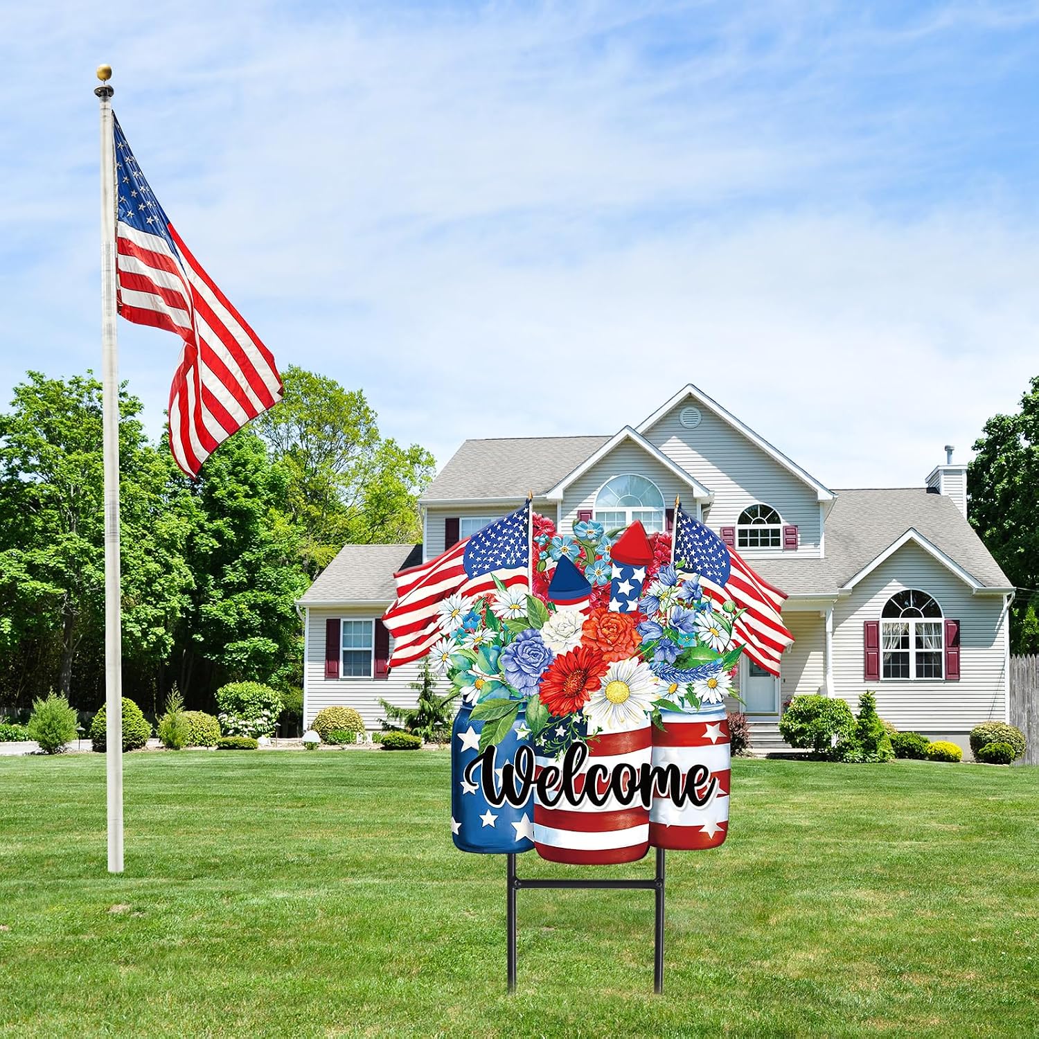 JarThenaAMCS Patriotic Flower Metal Garden Stakes 4th of July American Flag Floral Vase Decorative Lawn Sign Welcome