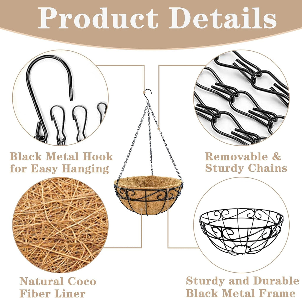 EIMQUVW Outdoor Metal Hanging Planters Basket (4pack, 14 inch) Hanging Baskets for Plants Chain Round Wire Plant Holder