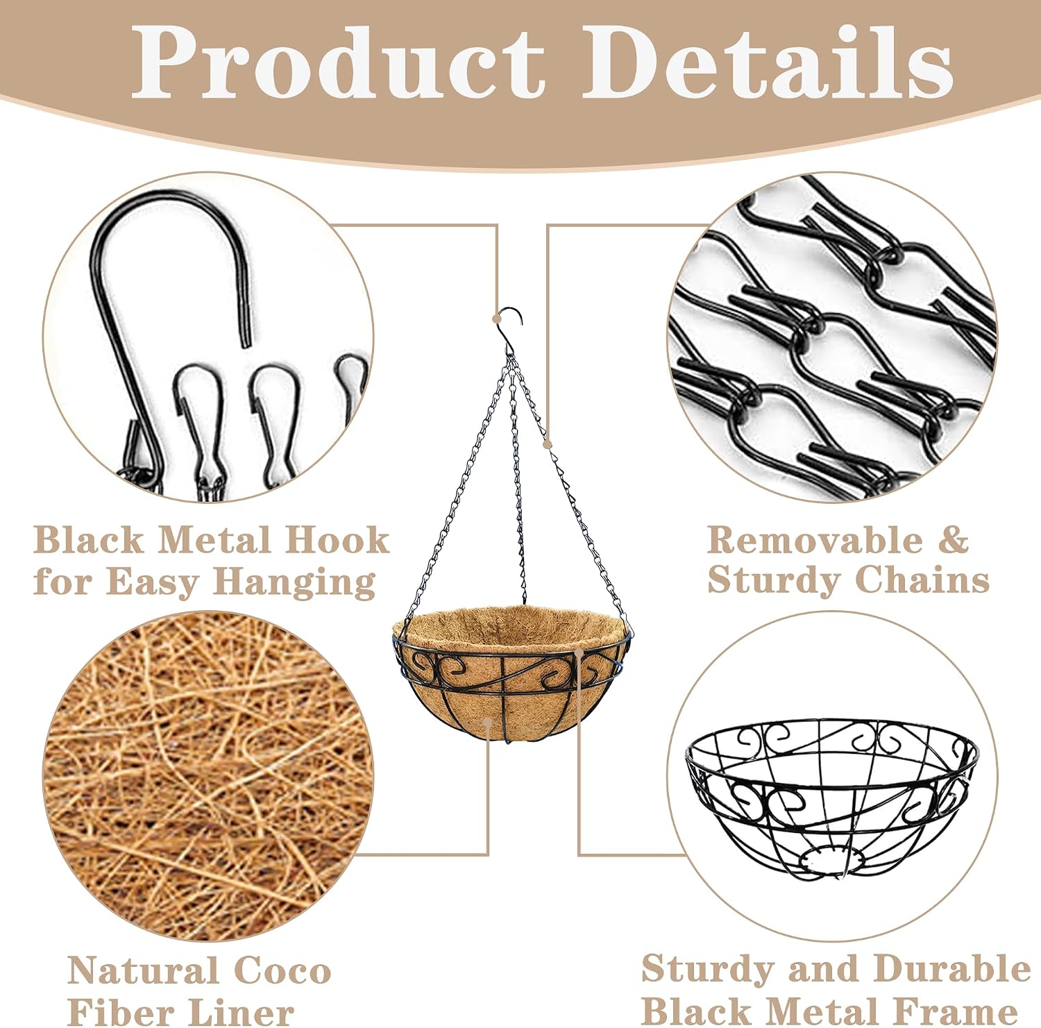 EIMQUVW Outdoor Metal Hanging Planters Basket (4pack, 14 inch) Hanging Baskets for Plants Chain Round Wire Plant Holder