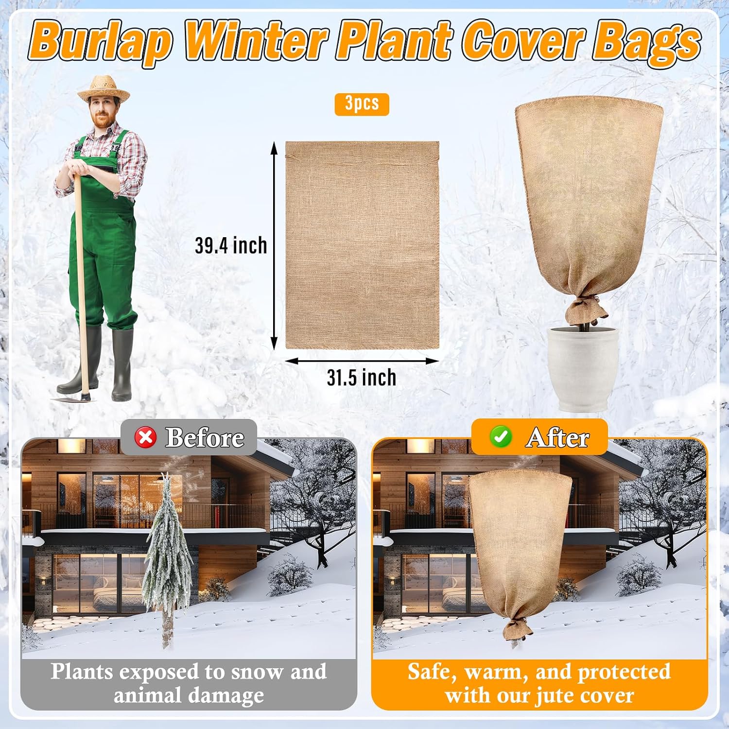 3 Pack 32 X 40 Inch Burlap Bags for Winter Plant Frost Protection | Reusable, Large Winter Plant Frost Cover Bags with