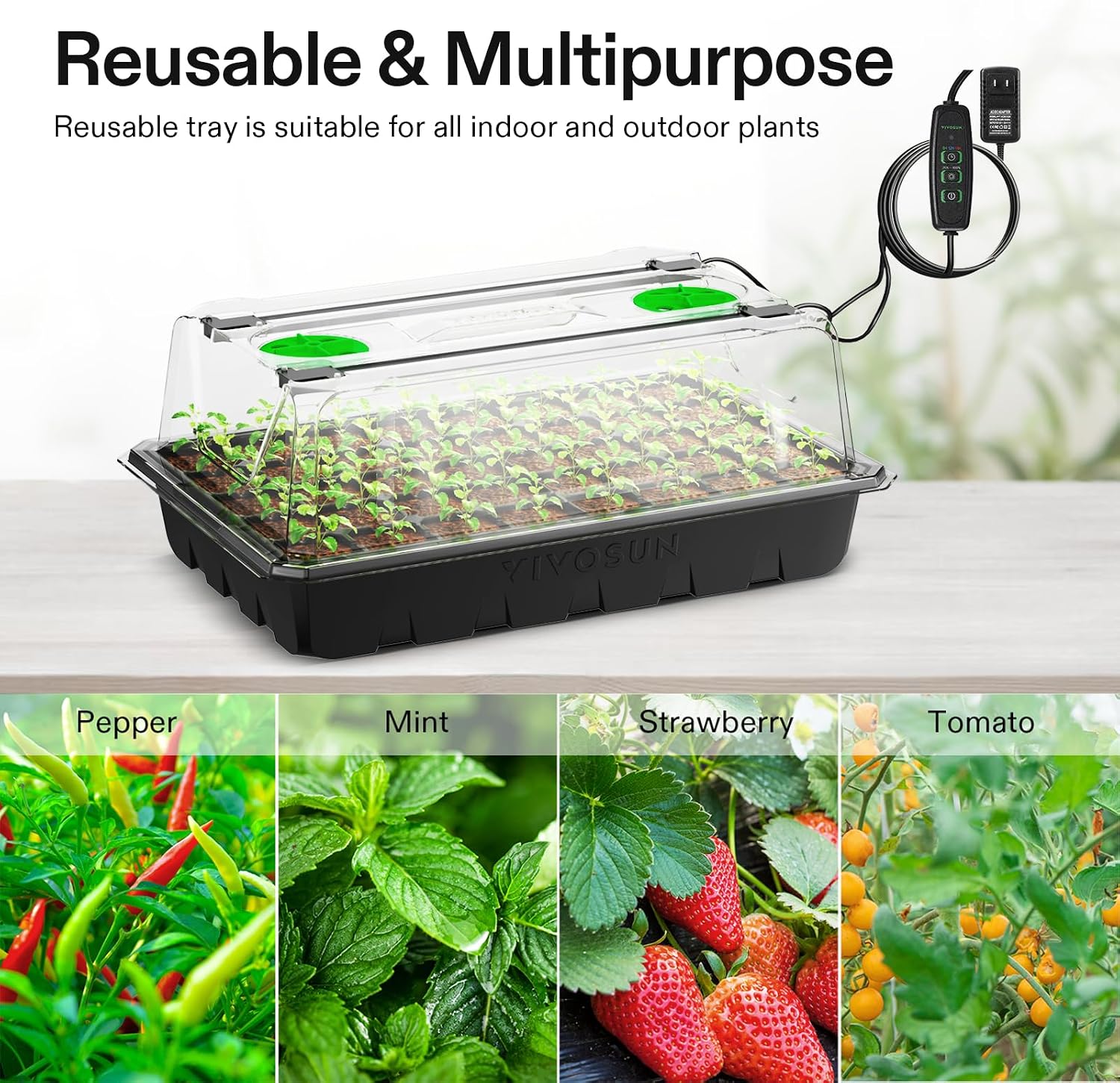 VIVOSUN 6-Pack Seed Starter Kit, 240-Cell Tray, 2 Set of LED Lights | 3.6" Higher Cover, Adjustable Vents, Drainage