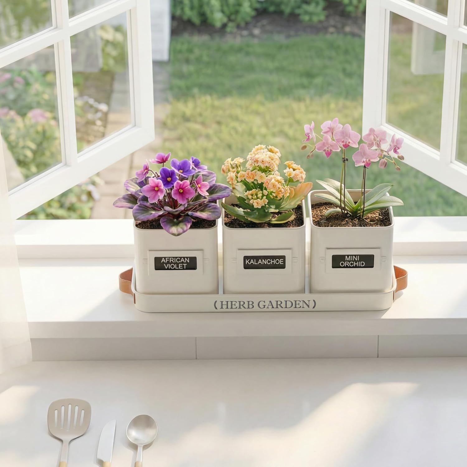 PERFNIQUE Indoor Herb Garden, Herb Planter Set with Tray, Farmhouse Indoor Plant Pots, Windowsill Herb Garden with