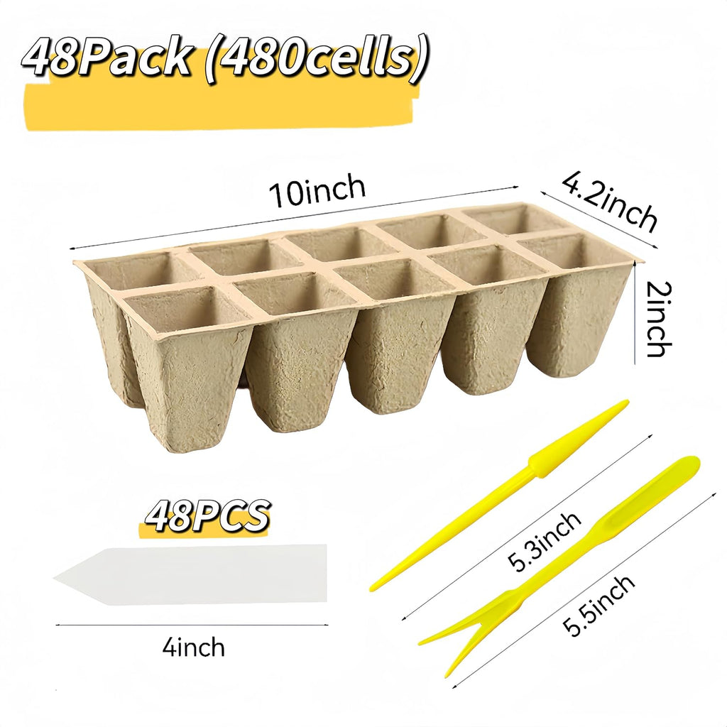 480 Cells Seed Starter Tray, 48 Pack Biodegradable Peat Pots, Seed Starter Kit for Seedlings with 48 Labels