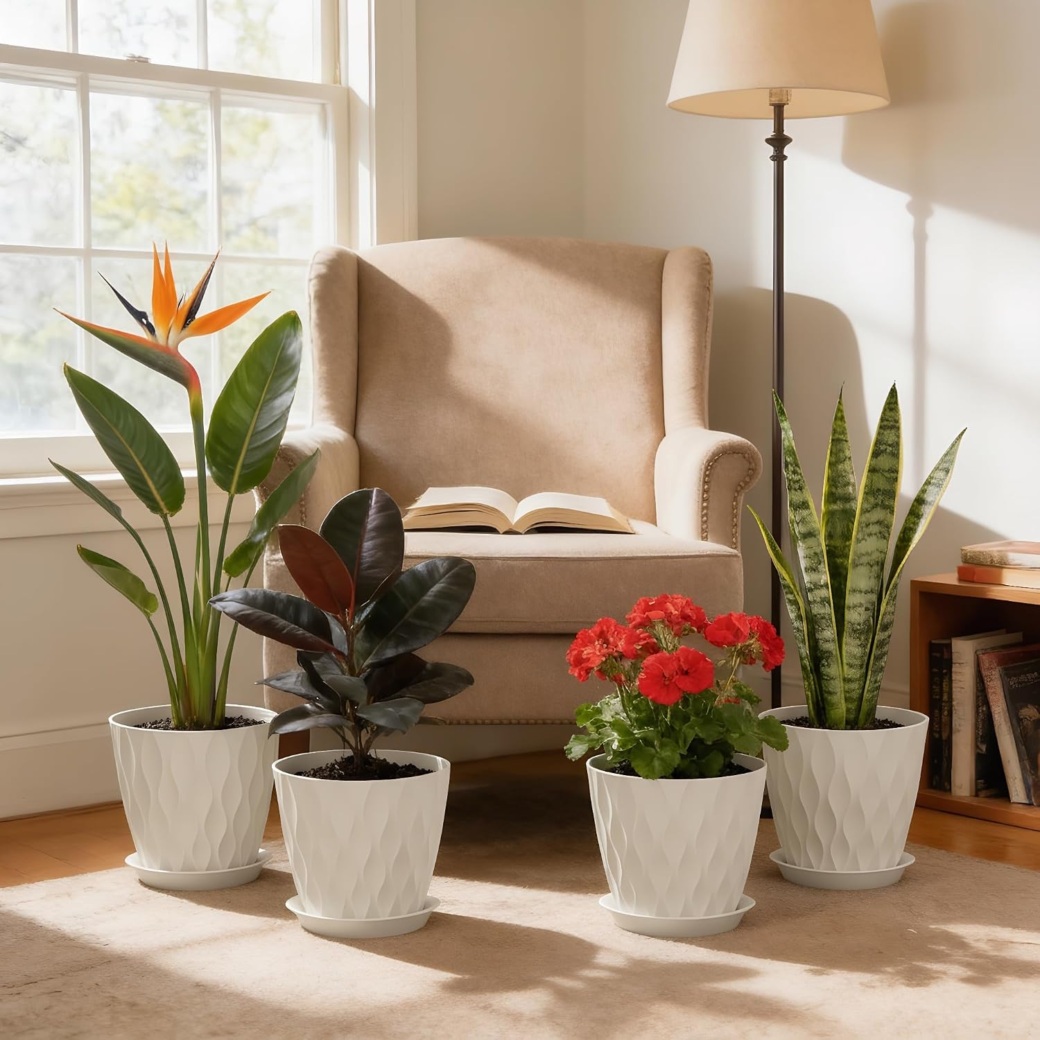 UOUZ 8 Inch Plant Pots, 4 Pack Plastic Planters for Indoor Outdoor with Drainage Holes & Saucers, Waffle Texture Flower