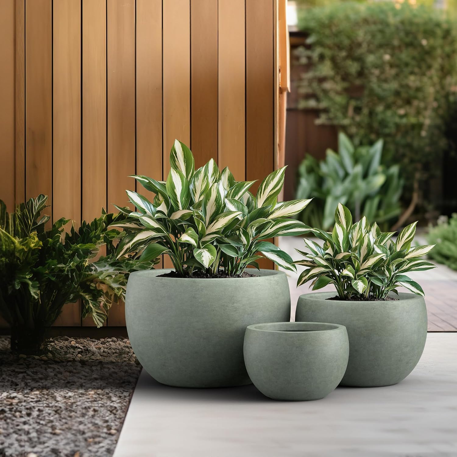 Kante Set of 3 Mint Green Concrete Bowl Planters 19.9" 15.7" 11.8" Dia | Drainage for Outdoor, Rubber Plug for Indoor