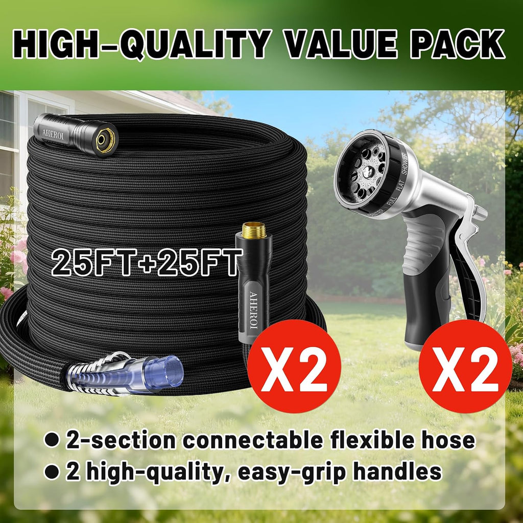 Aheroi Garden Hose 50FT, Kink-Free Flexible Waterhose for Outside(25+25ft) | Patented Garden Hose with 10 Spray