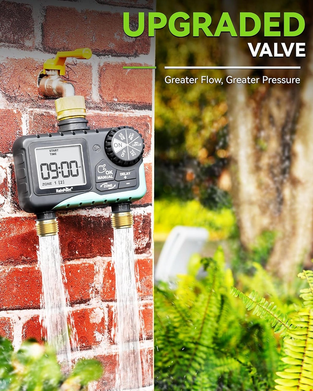 RAINPOINT 2 Zone Sprinkler Timer with Brass Inlet and Outlet - Water Timer for Garden Hose with Rain Delay/Manual