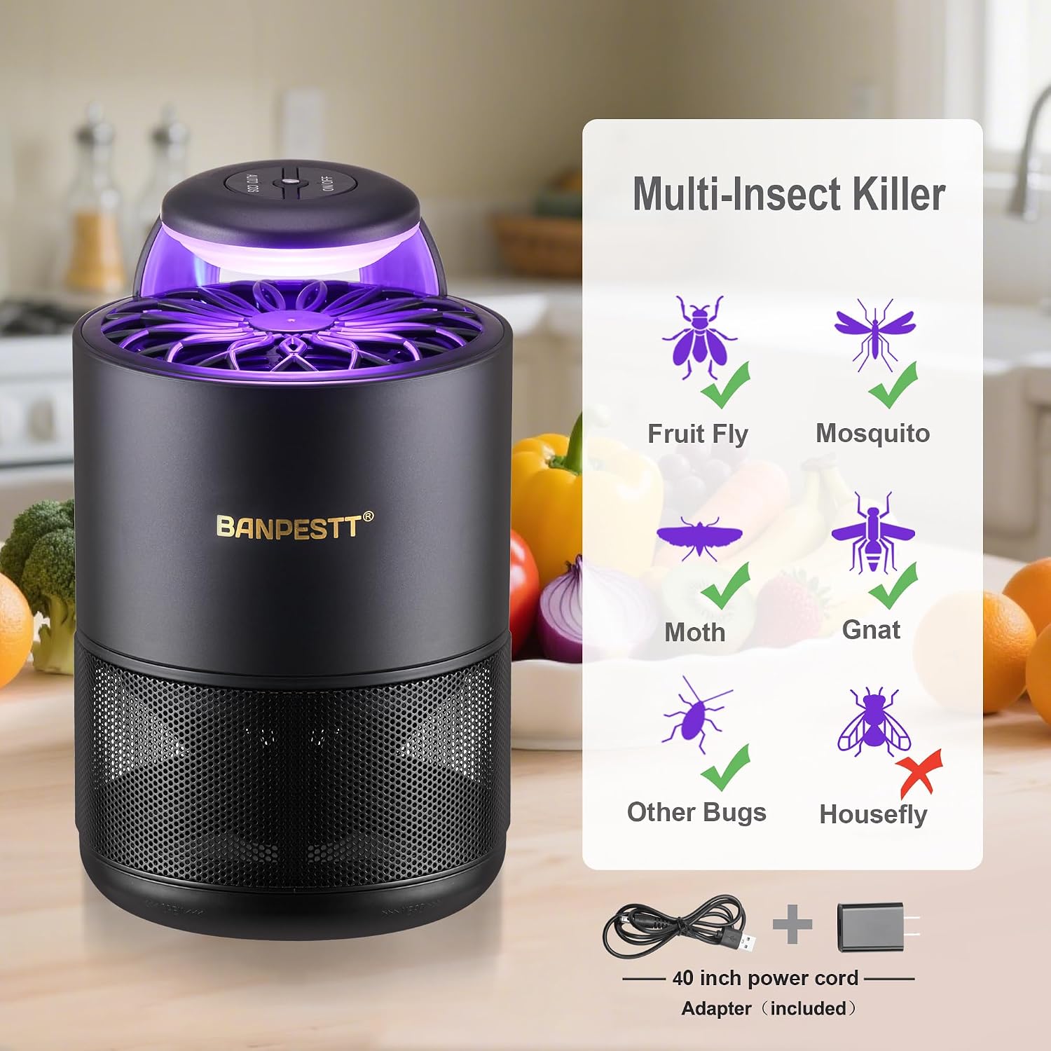 BANPESTT Indoor Insect Trap with Dusk-to-Dawn Sensor, US Adapter | Non-Zapper Suction Trap for Fruit Flies, Gnats