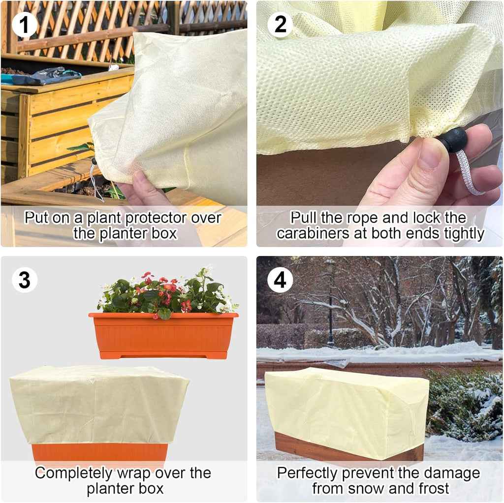 4 Pcs Rectangular Planter Box Cover Freeze Protection, Flower Box Covers Winter Frost Blanket with Drawstring for