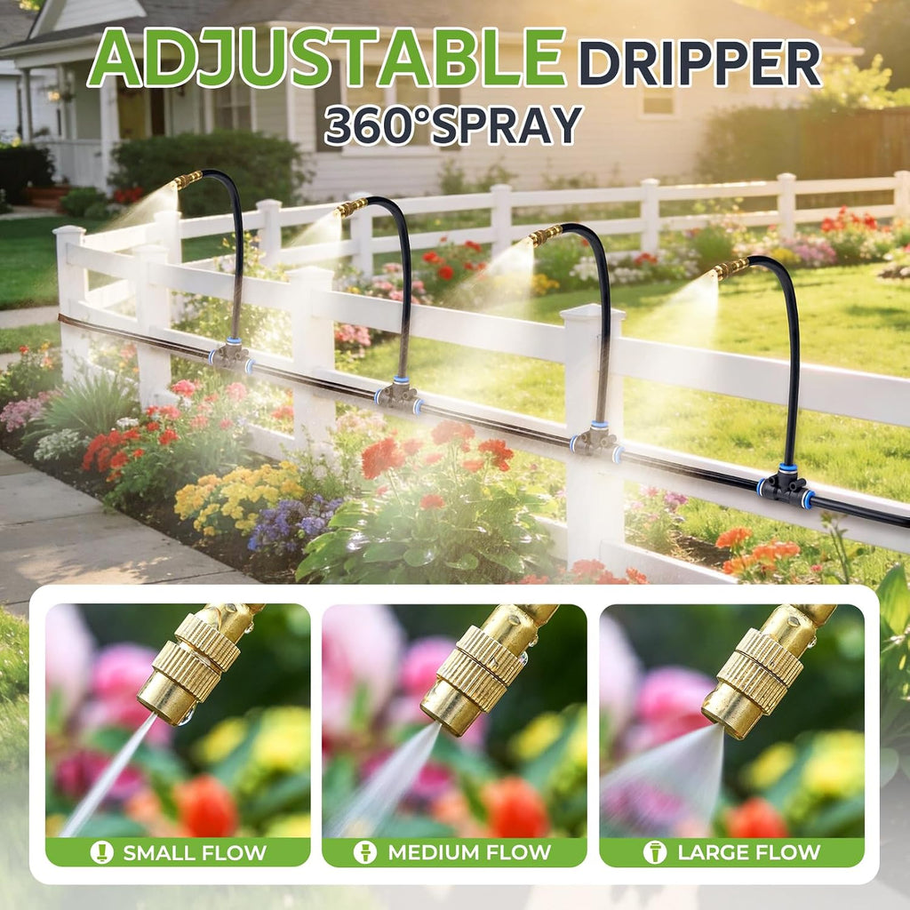 HIRALIY 100FT Misting Irrigation Kit | Quick-connect watering system with 16 adjustable 360° mist nozzles for raised