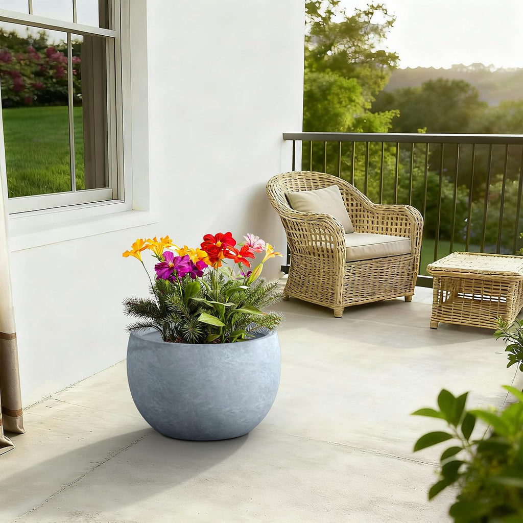 Kante Large Round Bowl Blue Gray Concrete Planter 20" Dia, Outdoor | Rubber Plug for Indoor, Drainage for Garden
