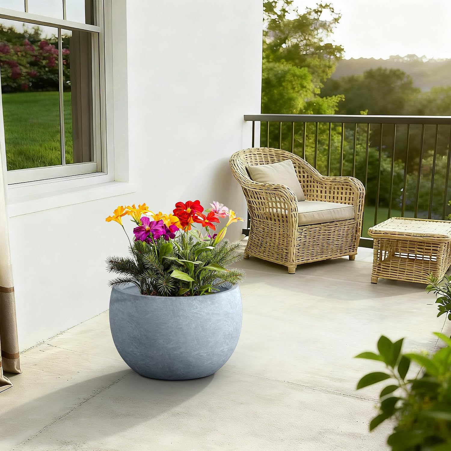 Kante Large Round Bowl Blue Gray Concrete Planter 20" Dia, Outdoor | Rubber Plug for Indoor, Drainage for Garden