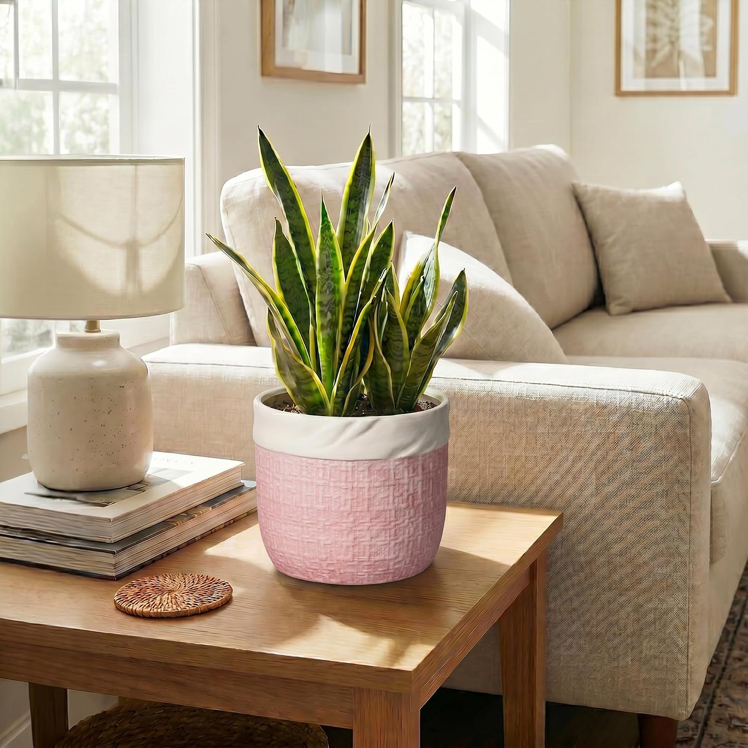 Ceramic Plant Pots, 8 Inch Planter, Round Pots for Plants, Pink | Decorative Unique Flower Pots for Indoor Plants, Boho